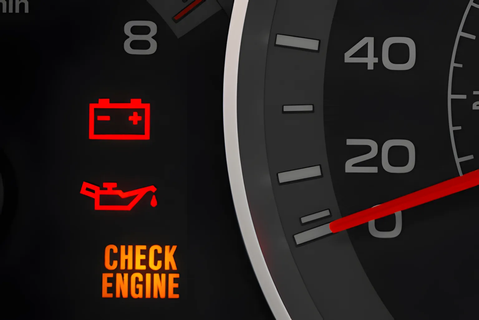 Close-up of a car dashboard showing a speedometer and three warning lights: battery symbol, oil can symbol, and Check Engine text, all illuminated. The speedometer needle points to 20 km/h.
