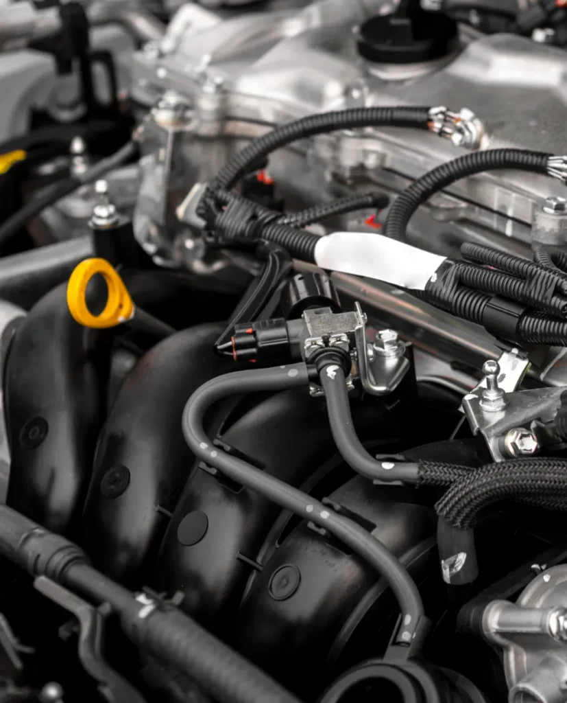 Engine Repair & Replacement by Palmetto Complete Auto Care shown by close-up of a car engine, showing black intake manifold tubes, wires, connectors, and a yellow oil dipstick handle, with metallic components and bolts visible in the background.
