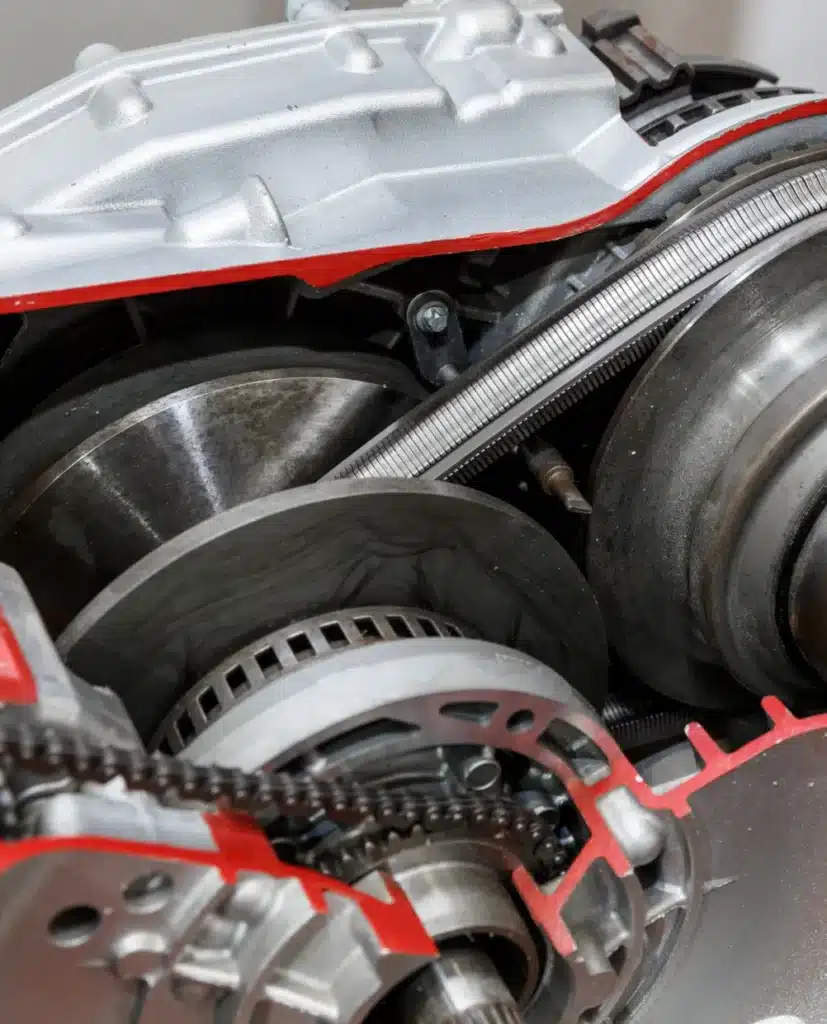 Professional transmission repair services in Piedmont, SC shown with a Close-up view of a cutaway section of a continuously variable transmission (CVT), showing gears, pulleys, and a belt inside a metallic housing.
