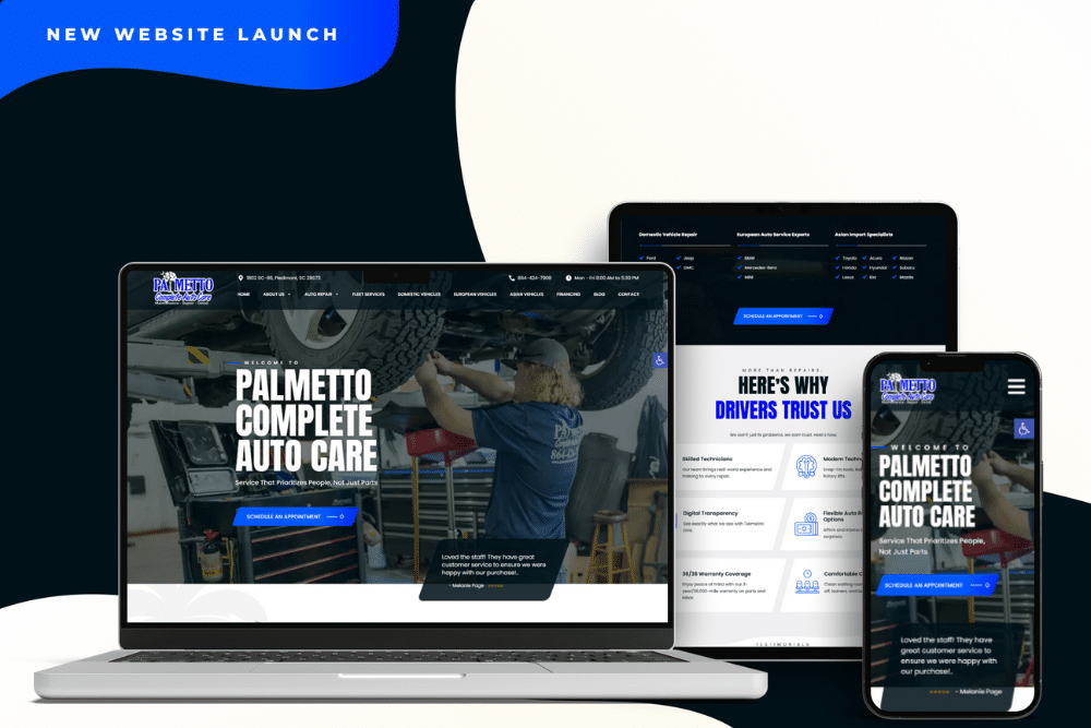 A laptop, tablet, and smartphone display the Palmetto Complete Auto Care website, featuring an auto mechanic working under a lifted car. A blue banner at the top left reads, New website launch.